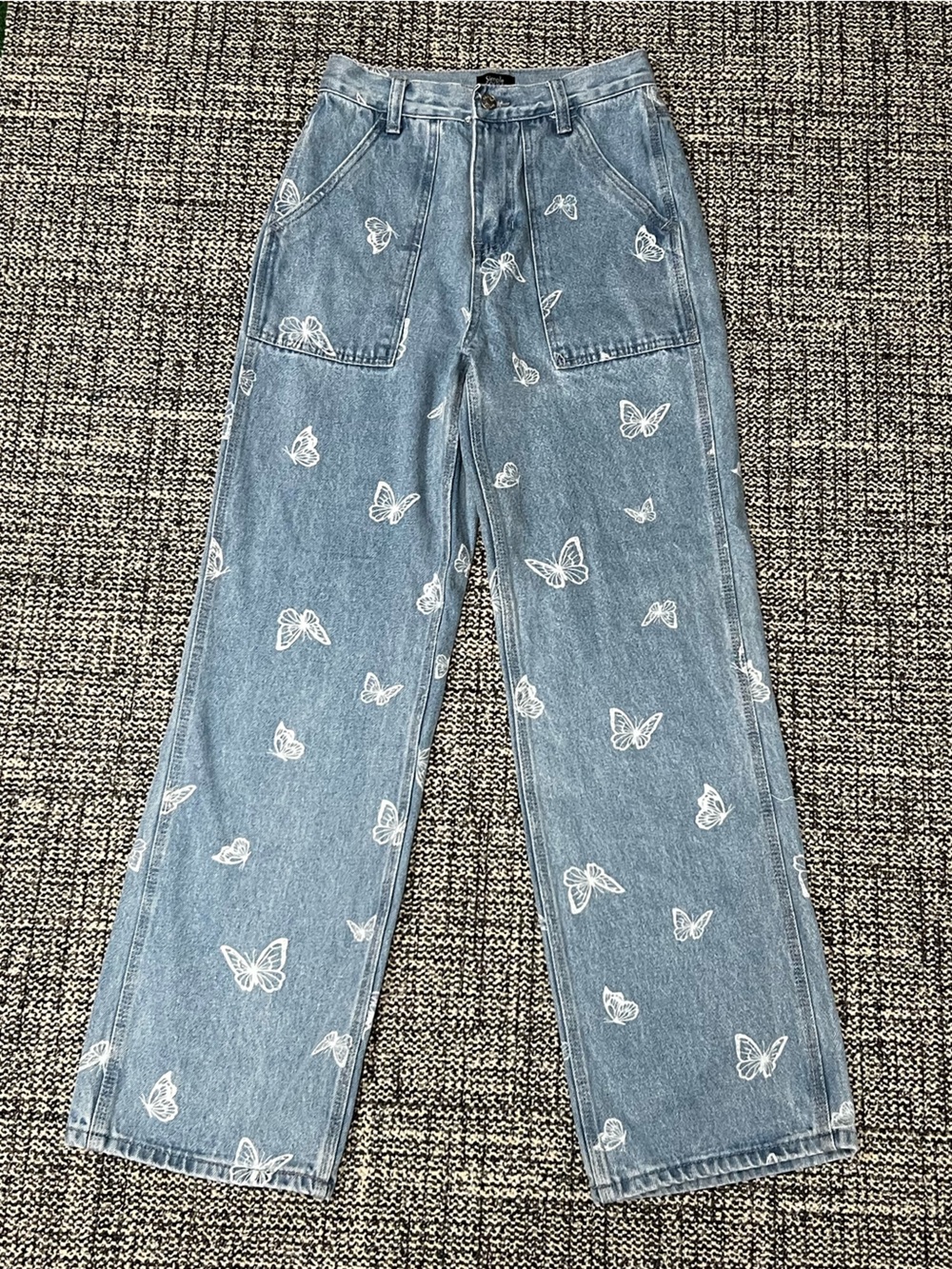 Light Blue Butterfly Print Wide-Leg Jeans